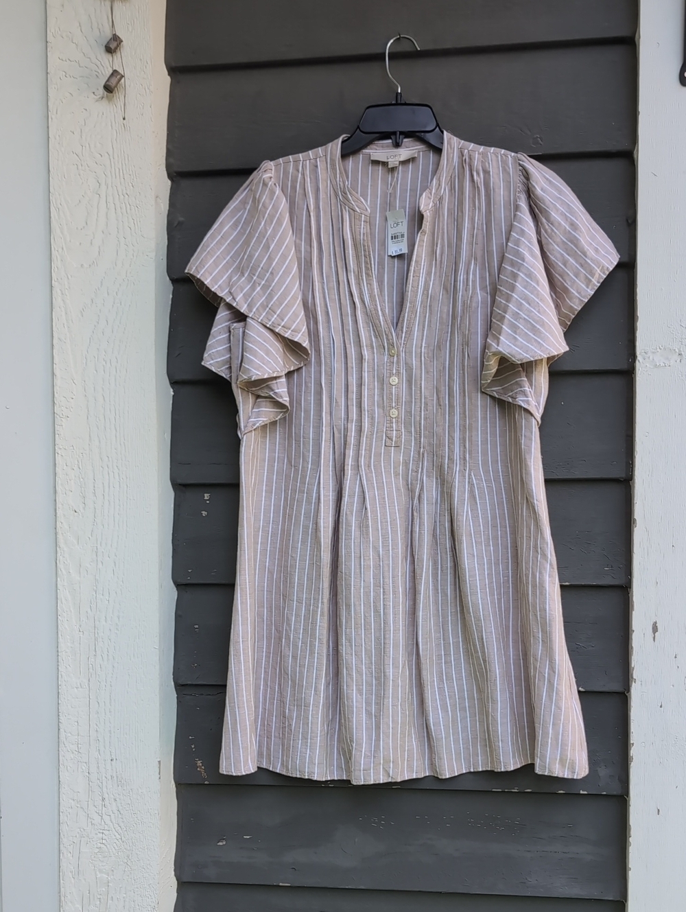 Loft Beige Striped Trendy Ruffle Sleeve Women’s Dress Size Large New With Tags